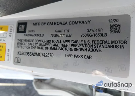 2021 Chevrolet Spark Fwd 1Lt Automatic from USA, damaged, VIN KL8CD6SA2MC742570